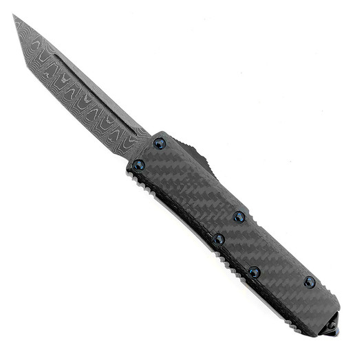 Microtech UTX-85 T/E Carbon Fiber Damascus Standard Blue Titanium Hardware 233-16CFTI