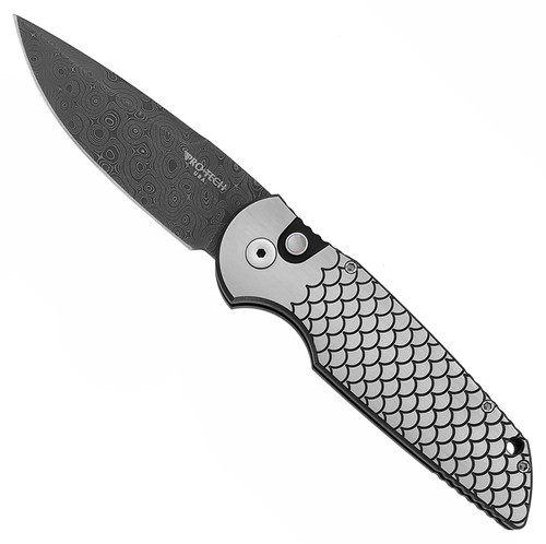 Pro-Tech TR-3 Steel Custom Two Tone Fish Scale Frame Damascus Blade Pearl Button