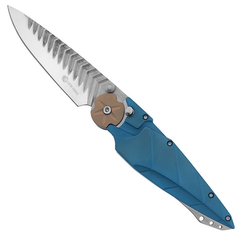 Dew Hara Custom Kabuto Button Lock Folder Blue/Tan Handle Mirror Polish Blade