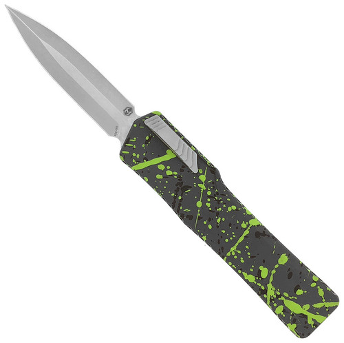 Heretic Knives Cleric OTF Auto Double Edge Elevated Green Splash Stonewash Blade H016-2A-GS