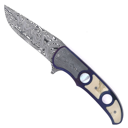 George Muller Custom Liner Lock IKBS Flipper Purple Titanium w/ Mother of Pearl & Mammoth Ivory Polished Damasteel Blade