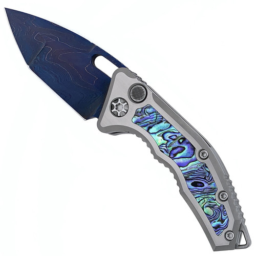 Heretic Knives Custom Medusa Auto Tanto Hand Satin Titanium w/ Abalone Handle Hand Ground Blued Damascus Blade (Pre-Owned)