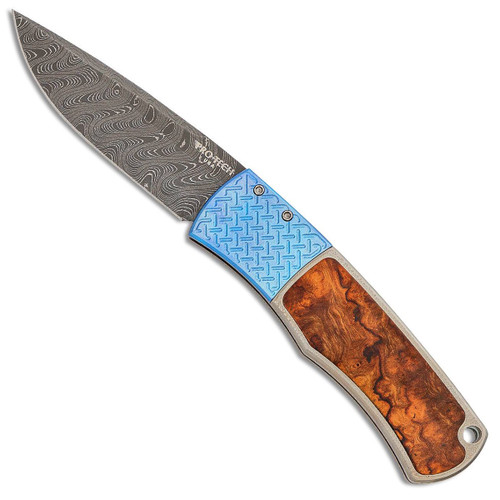 Pro-Tech Whiskers Magic BR-1Ti-DIW  Bolster Release Auto Custom Orange Peel Bronze Titanium Handle w/ Desert Ironwood Inlay Damascus Blade Blue Titanium Accents