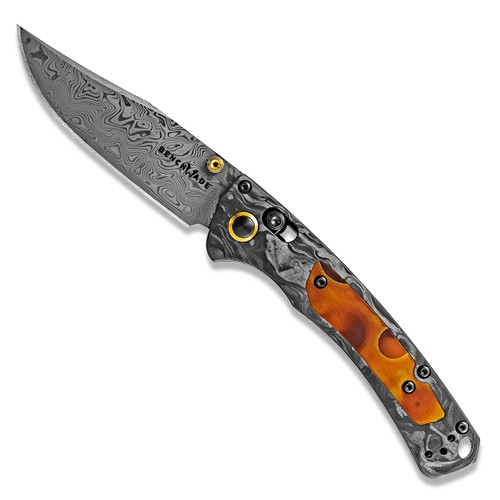 Benchmade Mini Crooked River Axis Lock Marbled Carbon Fiber Handle w/ Raffir Alume Yellow Moon Inlays Vineland Damasteel Blade Gold Class 15085-201