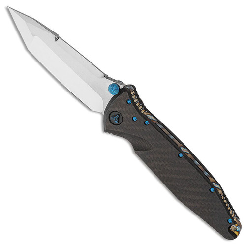 Marfione Custom Socom Elite Manual Tanto Carbon Fiber Scales w/ Flamed Ti Backspacer Vintage 97 Grind Mirror Polish Blue Ti Hardware