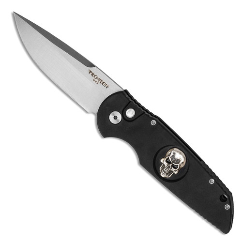 Pro-Tech TR-3.71 Shaw Skull Black Handle w/ 925 Silver Skull Inlay Satin Blade Pearl Button Limited Edition