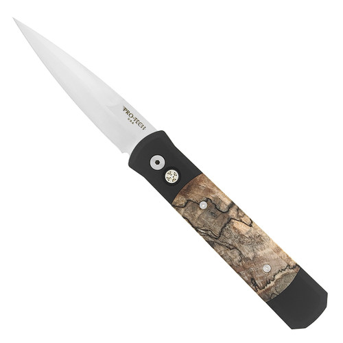 Pro-Tech Godfather Black Handle w/ Spalted Maple Inlays Satin Blade Mosaic Pin Button 906-SM