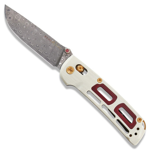 Benchmade Saibu Axis Lock Ivory Crimson G-10 Handle Damasteel Damascus Blade 24k Gold Hardware Gold Glass 486-201