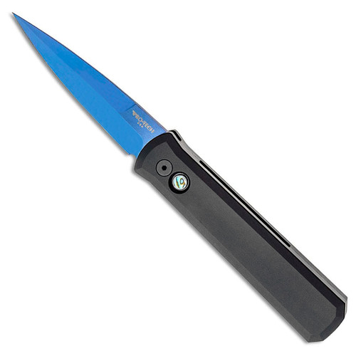 Pro-Tech Godfather Solid Black Handle Sapphire Blue Blade Abalone Button 921-SB