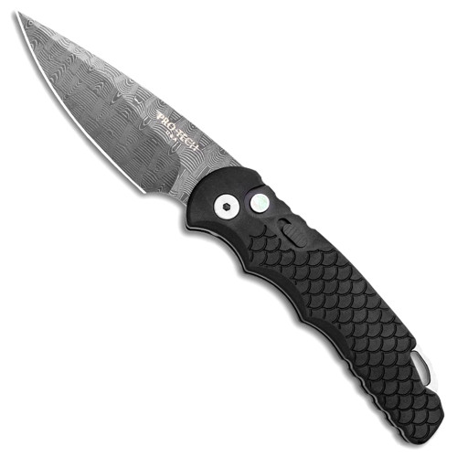 Pro-Tech TR-5 Auto Black Fish Scale Textured Handle Devin Thomas Damascus Blade Pearl Button Limited Edition Pro-Tech TR-5 Auto Black Fish Scale Textured Handle Devin Thomas Damascus Blade Pearl Button Limited Edition