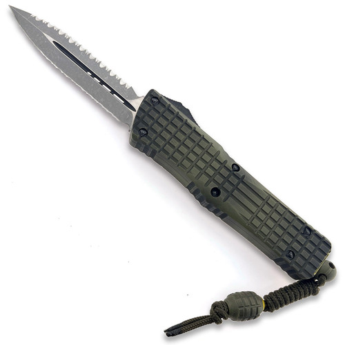 Microtech Combat Troodon D/E Frag OFF Series Grenade Green Apocalyptic Double Reverse Full Serrated Signature Series 142-DR12APFROGG