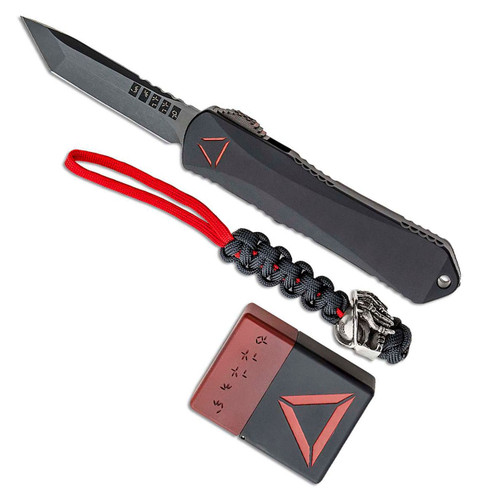 Heretic Knives Manticore E Predator Set Blackside Customs Lighter Blood Red Camo Carbon Handle Battleworn DLC Blade Predator Bead Lanyard