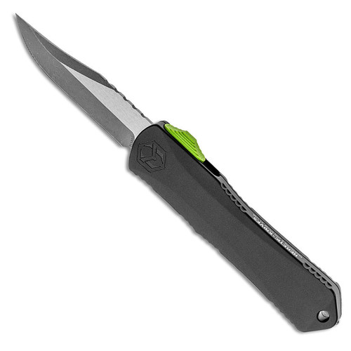 Heretic Knives Manticore S Bowie Black Handle Battleworn Two Tone Blade Deep Engraved Logo Green G-10 Button USN Show Special 2021 H022B-5A-USN