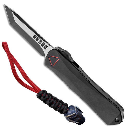 Heretic Knives Manticore E Predator Series Black Handle Two Tone DLC Blade Silver Copper Predator Bead Lanyard H027-11A-PRED