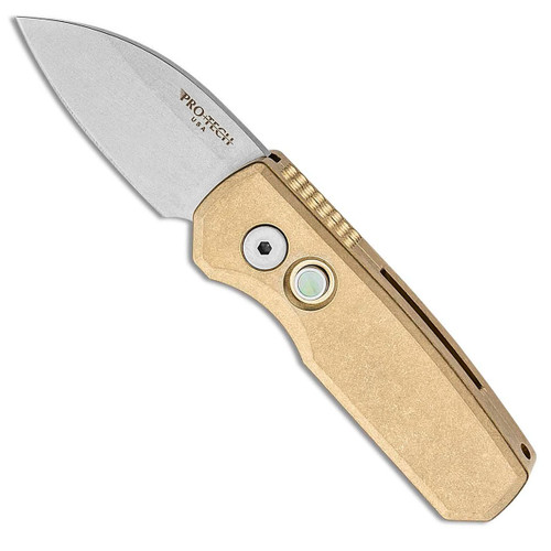 Pro-Tech Runt 5 Wharncliffe Bronze AL Handle Stonewash Blade Pearl Button Limited Edition R5110