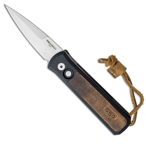 Pro-Tech Godson GSD Black Handle w/ Brown Leather Inlay Satin Blade 7GSD-7