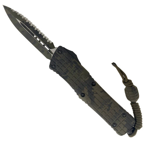 Microtech Combat Troodon D/E Frag Olive Camo Full Serrated Grenade Lanyard Bead Signature Series 142-3FROCS