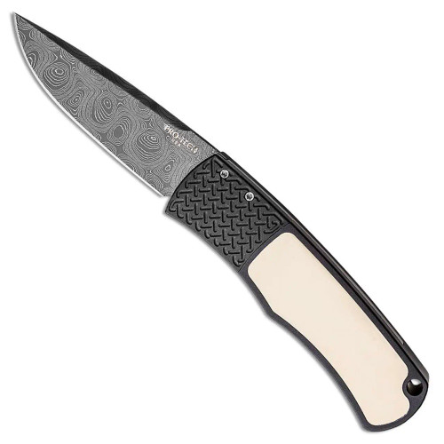 Pro-Tech Whiskers Magic BR-1.51-DAM Bolster Release Auto Tuxedo Black Handle w/ Ivory Micarta Inlay Damascus Blade