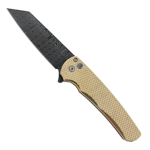 Pro-Tech Malibu Button Lock Flipper Reverse Tanto Textured Bronze AL Handle Damascus Blade Pearl Button Limited Edition 5211-DAM