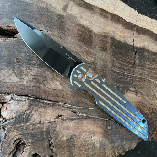 Pro-Tech TR-3.003 Custom Titanium 2022 Orange Peel Blue Gold Handle Mike Irie Hand Compound Ground DLC Mirror Polish Blade Pearl Button