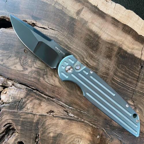 Pro-Tech TR-3.005 Custom Titanium 2022 Orange Peel Green Bronze Handle Mike Irie Hand Compound Ground DLC Mirror Polish Blade Pearl Button