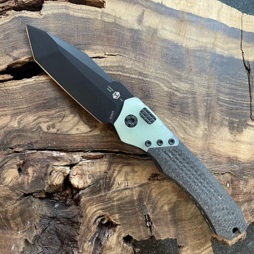 Heretic Knives Wraith Auto Tanto Carbon Fiber Handle Jade G10 Bolster Black Blade H100-4A-JADE