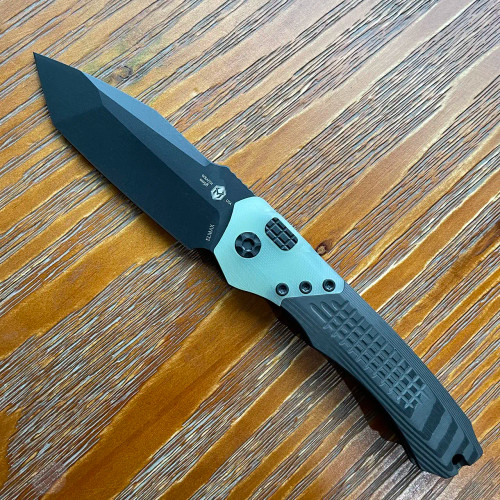 Heretic Knives Wraith Auto Tanto Unidirectional Carbon Fiber Handle Jade G10 Bolster Black Blade H100-4A-JADE/UCF