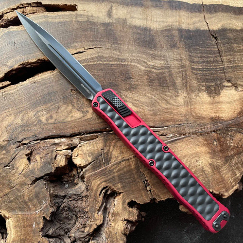 Heretic Knives Cleric II D/E Red Handle w/ Black Textured Metal Inlays Black Blade H020-4A-RED