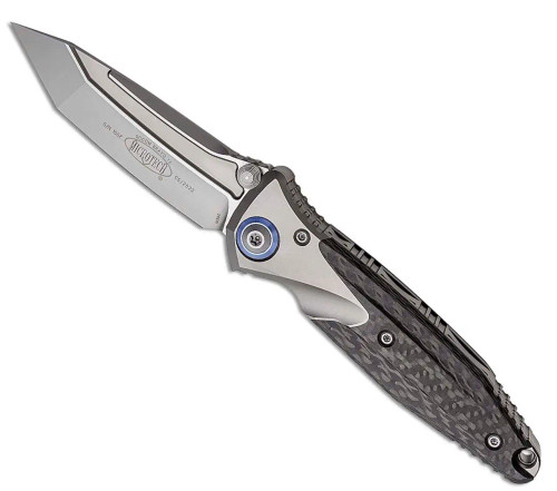 Microtech Socom Bravo T/E Titanium Handle w/ Carbon Fiber Scales Bead Blast Standard Blade Blue Titanium Pivot Collar 261-7CFTI