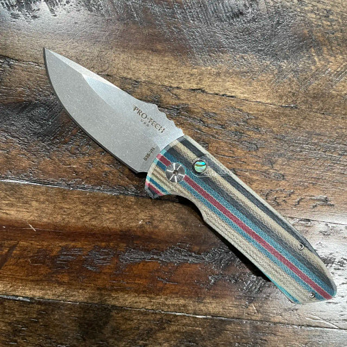 Pro-Tech Les George SBR Navajo Blanket Unique Micarta Top Stonewash Blade Abalone Button LG401-UM-NAVAJO
