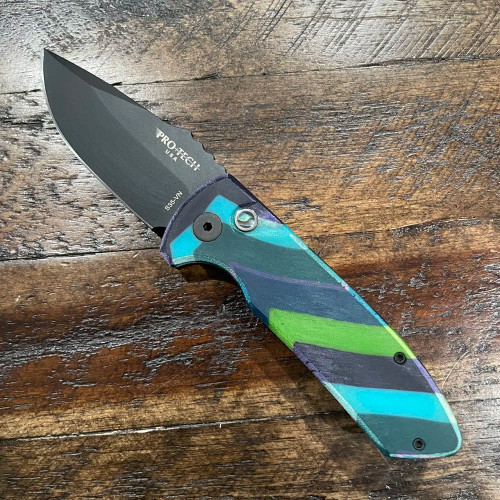 Pro-Tech Les George SBR Blue Green Purple Striped Unique Micarta Top DLC Blade Abalone Button LG403-UM-BLUGRNPUR