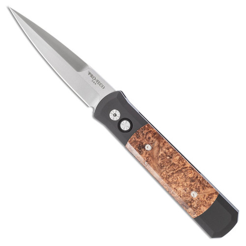 Pro-Tech Godfather Black Handle w/ Maple Burl Wood Inlays Satin Blade 906