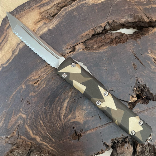 Microtech Ultratech T/E Geo Tan Camo Bronzed Low Polished Full Serrated Signature Series 123-15LPGETACS