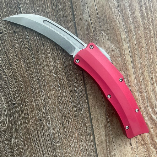 Heretic Knives ROC Curved OTF Red Handle Stonewash Standard H060-2A-RED