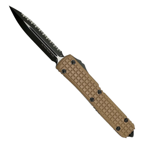 Microtech Ultratech D/E Tan Frag G-10 Top Tactical Full Serrated Signature Series 122-3FRGTTAS