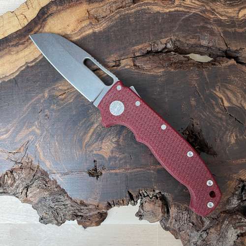 Demko MG AD20S FACTORY SECOND Shark Lock Textured Red G10 Handle Stonewash Shark Foot CPM-M4 Blade