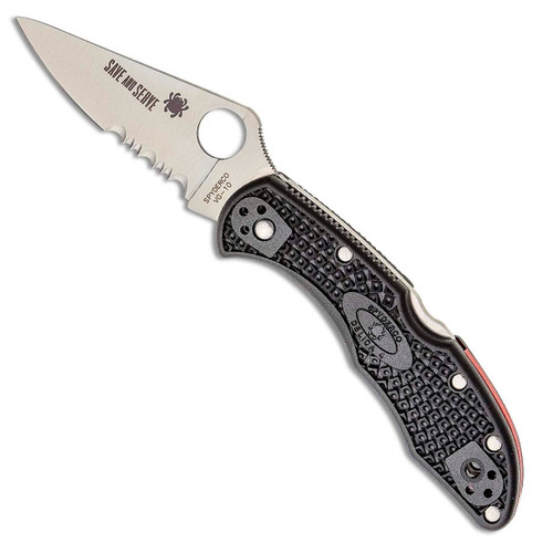 Spyderco Delica 4 Lightweight Thin Red Line Lock Back Black FRN Handle Satin Combo Blade C11FPSBKRD