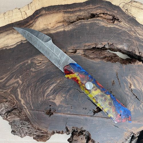 Kyle Vallotton Custom Tac Rap D/A Wharncliffe Sunflower Voodoo Resin Handle Nichols Stainless Meadow Damascus