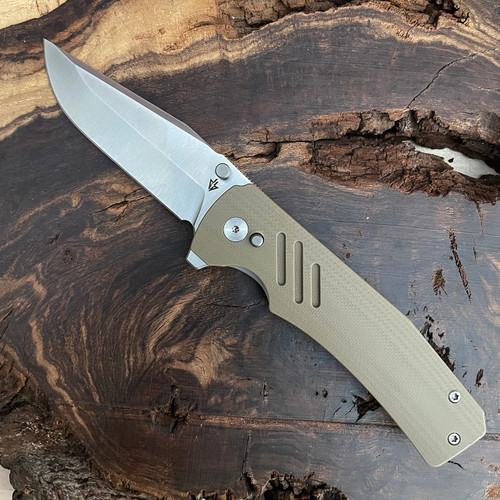 Dark Bolt Design Stratus Button Liner Lock Flipper Desert Tan G-10 Handles Satin 20CV Blade