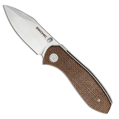 Eikonic Knives Jonas Iglesias Kasador Liner Lock Brown Canvas Micarta Handle Satin Blade