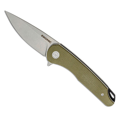Eikonic Knives Brian Brown Dromas Liner Lock Olive Canvas Micarta Handle Stonewash Blade