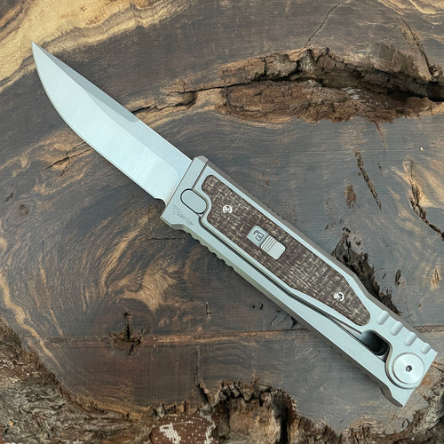 Reate EXO M S/E Gravity Knife Titanium Handle w/ Burlap Micarta Inlay Satin Standard Blade
