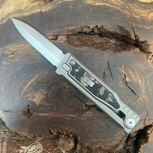 Reate EXO M D/E Gravity Knife Titanium Handle w/ Burl Linen Camo Inlay Stonewash Blade