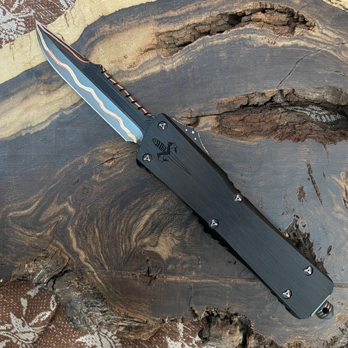 Marfione Custom Combat Troodon Interceptor S/E Hefted Black Alloy Handle Hot Blued Volcanic River Pattern Baker Forge Damascus w/ Copper Ringed Hardware