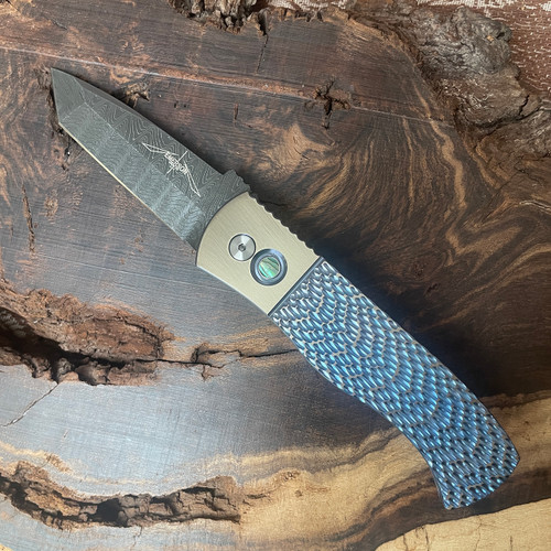 Pro-Tech Custom Emerson 001 CQC7 Auto Blue Bronze Jigged Titanium Handles Damascus Blade