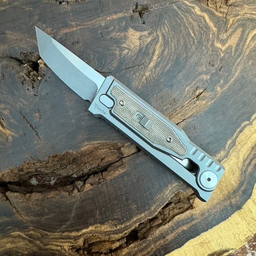 Reate EXO Mini T/E Gravity Knife Titanium Handle w/ Green Micarta Inlay Stonewash Standard Blade