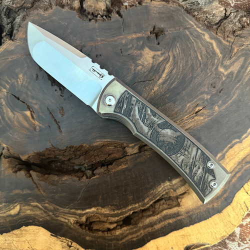 Chaves Ultramar Redencion 229 Kickstop Flipper Drop Point Stonewash Titanium Viking Skull Handle Satin Blade AE Custom Shop