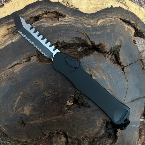 Heretic Knives Hydra OTF Auto T/E Tactical Black Handle Two Tone DLC Full Serrated Blade H006-11C-T