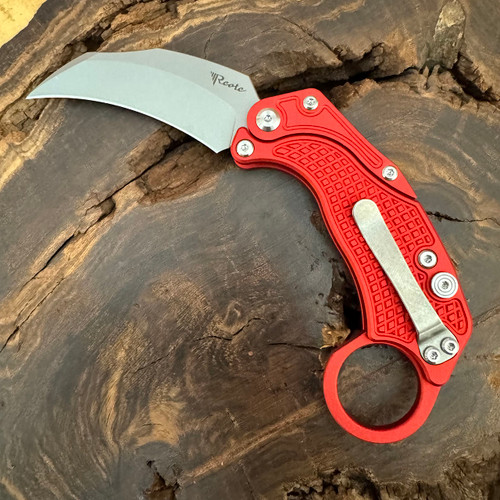 Reate Knives EXO-K Button Lock Karambit Gravity Knife Red Handle Stonewash Blade w/ Trainer