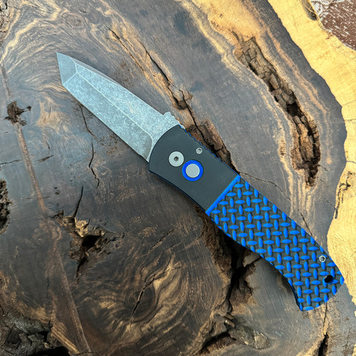 Pro-Tech Emerson CQC7 Auto Chisel Tanto Black Aluminum Bottom Handle Textured Blue and Black G-10 Top Acid Washed Blade (Pre-Owned) E7T34